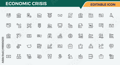 Economic Crisis line icon set. It contains symbols to inthinion, fall, loss, economy, bankruptcy and more. Crisis modern icon set. Outline icons pack. Art and illustration.