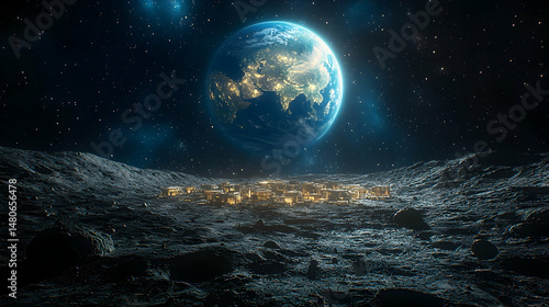 Lunar settlement basks in Earth's glow, a futuristic scene of space colonization