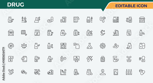 Set of Drug line icon. Includes symbols for pill, pharma, medicine, tablet, antibiotic and more. Web icons pack. Pharmacy icon set. Vector illustration.