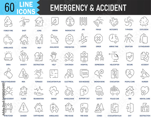 Emergency and accident line icons set. Crime, ambulance, fire, crash, insurance icons. Editable Vector stroke pictograms. best Vector illustration for web and UI application.