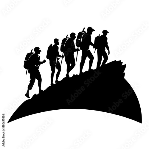 Hikers Silhouette: Group on Mountain Ridge