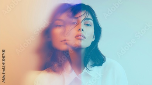 Conceptual portrait of a young woman with blurred dual exposure and color aura, symbolizing mental health, emotional balance, inner world, and psychological introspection.