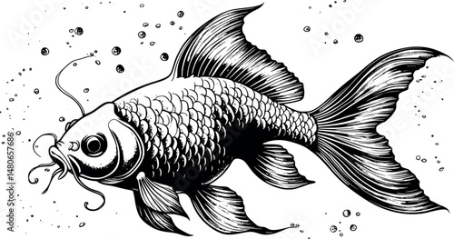 Engraved goldfish with ornamental fins isolated on white
