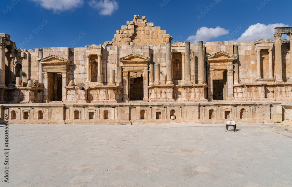 Fototapeta premium Details of the stage area of South Theater in Jerash, a Greco-Roman well preserved city in Jordan