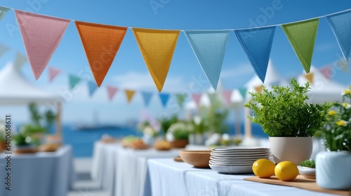 Vibrant Outdoor Party Setup with Colorful Flags and Fresh Fruits