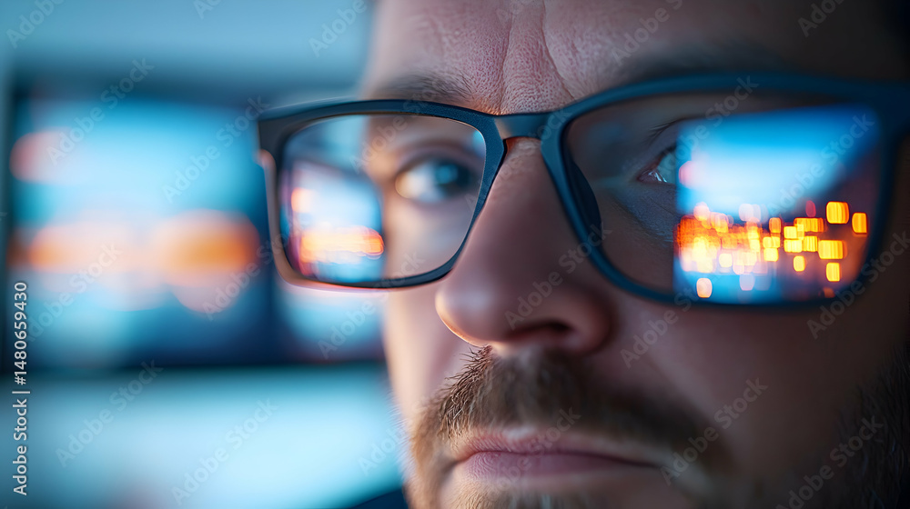 Close Up Portrait of a Man Wearing Glasses at Night with City Lights Reflected Close Up Portrait of a Man Wearing Glasses at Night with City Lights Reflected