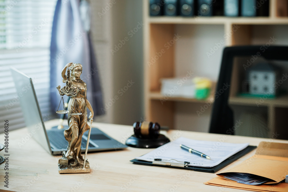 Lady Justice, scales, and a gavel placed on a judge’s desk represent fairness and integrity in law and courtroom proceedings.