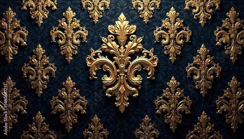 Intricate floral damask pattern in elegant gold on dark background, arabesque, textile, style