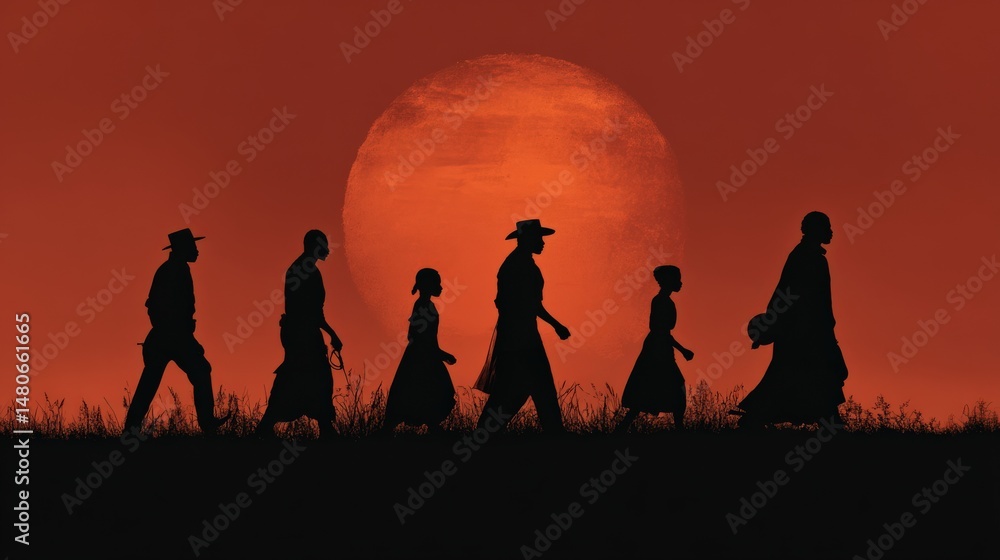 Fototapeta premium Silhouette of a Journey: A captivating silhouette depicts a group of figures, walking against the backdrop of a fiery sunset, their forms hinting at a silent narrative of journey and resilience.