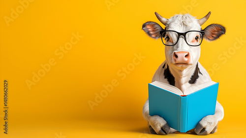 White Cow with Glasses Reading a Blue Book on Yellow Background