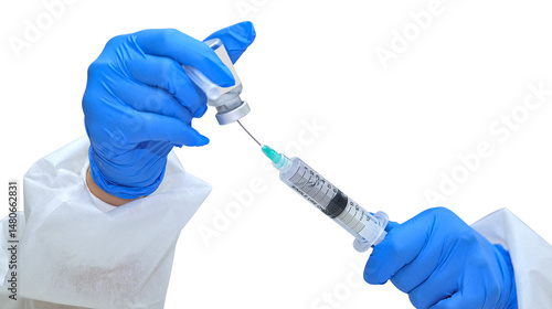 Close-up hands woman doctor who using syringe for draw vaccine from vaccine vial