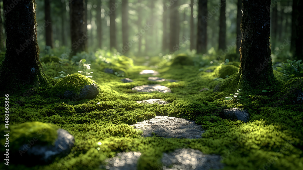 Obraz premium Sunlit forest path with mossy stones