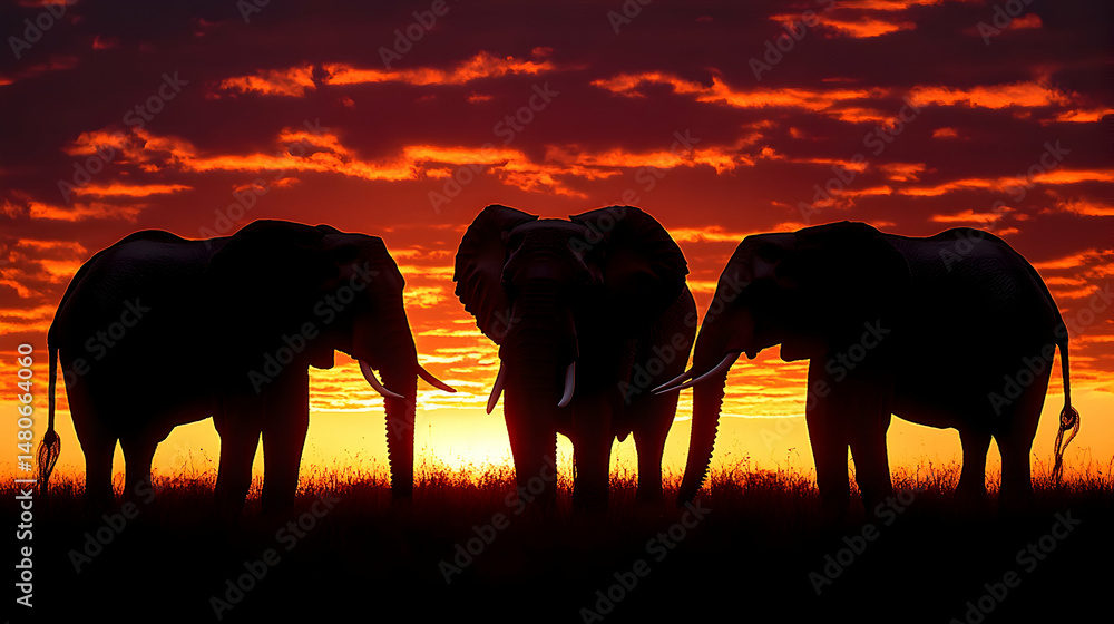 Fototapeta premium Three elephants silhouetted against a fiery sunset