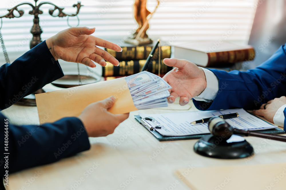 A client pays a lawyer for legal representation, with the attorney receiving the payment as part of a formal service agreement.