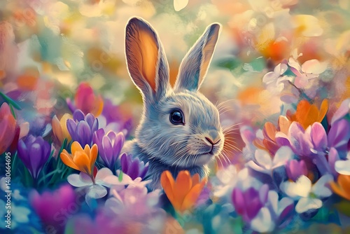Wallpaper Mural Bunny peeking out from a meadow of colorful crocuses and blooming cherry petals  Torontodigital.ca