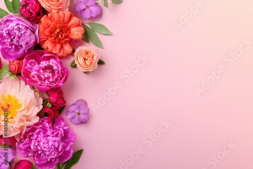 Floral Flat Lay Arrangement on Pink Background with Peonies Roses and Pansies for Springtime or Feminine Designs