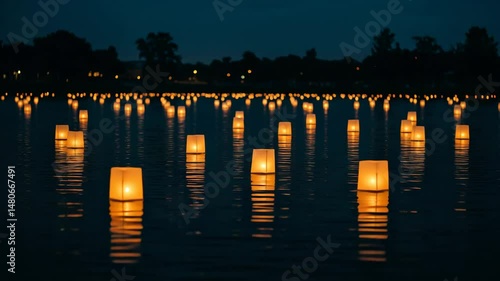 Floating Paper Lanterns on Water at Night