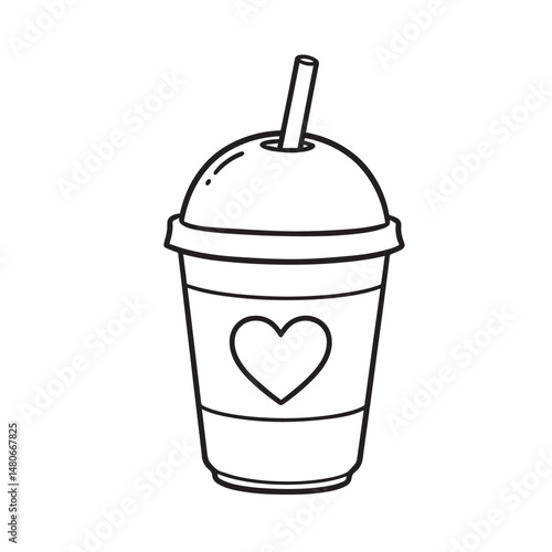 Wallpaper Mural A black and white line drawing shows a disposable cup with a domed lid and a straw. Torontodigital.ca