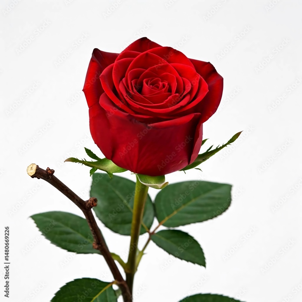 Fototapeta premium Super image of red flowers with white original background front view with roses branch white board pure background.