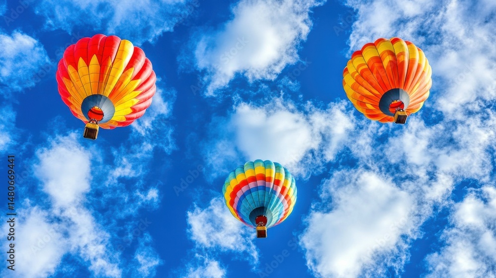 Fototapeta premium Colorful Hot Air Balloons Soaring High Above Fluffy Clouds Blue Sky Summer Adventure Travel up red