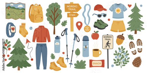 Set of hiking and nordic walking equipment, accessories, clothing, nature elements, food, and trail signs for outdoor adventure and healthy lifestyle concepts. Flat hand drawn vector illustration