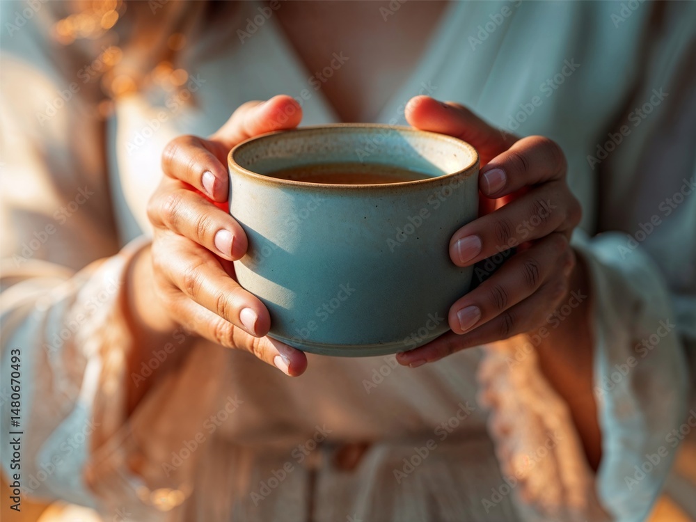 Hands Holding Warm Ceramic Mug. Calm and cozy moment in a relaxed setting. Hands Holding Warm Ceramic Mug. Calm and cozy moment in a relaxed setting.