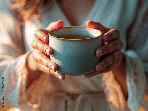 Hands Holding Warm Ceramic Mug. Calm and cozy moment in a relaxed setting.