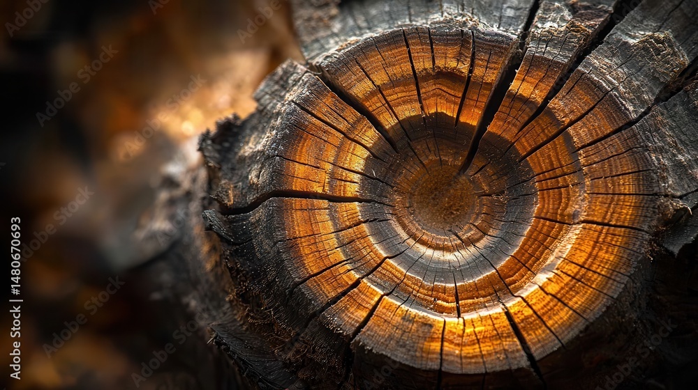 Fototapeta premium Barnwood knots extreme closeup revealing intricate weathered wood grain illuminated by golden light showcasing circular growth rings deep crevices rustic texture warm amber hues