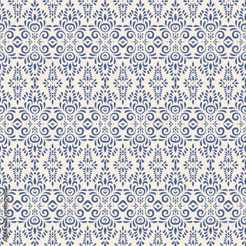 Ornate seamless pattern with sophisticated damask design. Vertical classic blue intricate background in 18th-century French or Baroque style for textiles, wallpapers, packaging.