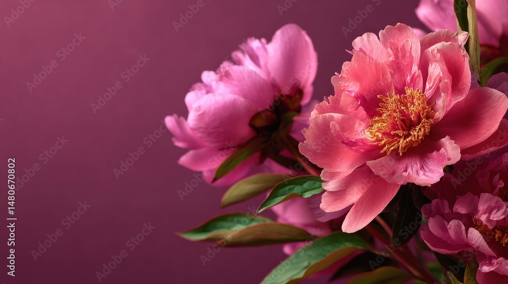 Elegant Peony Display: a close-up shot of stunning pink peonies set against a deep purple backdrop, blooming in vibrant perfection Elegant Peony Display: a close-up shot of stunning pink peonies set against a deep purple backdrop, blooming in vibrant perfection