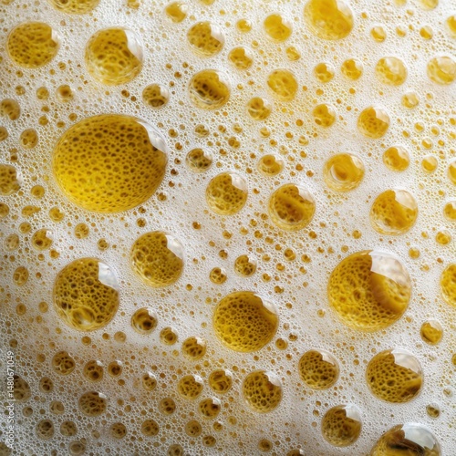 Close-up of beer foam with golden bubbles and white froth creating a textured surface from above studio shot
