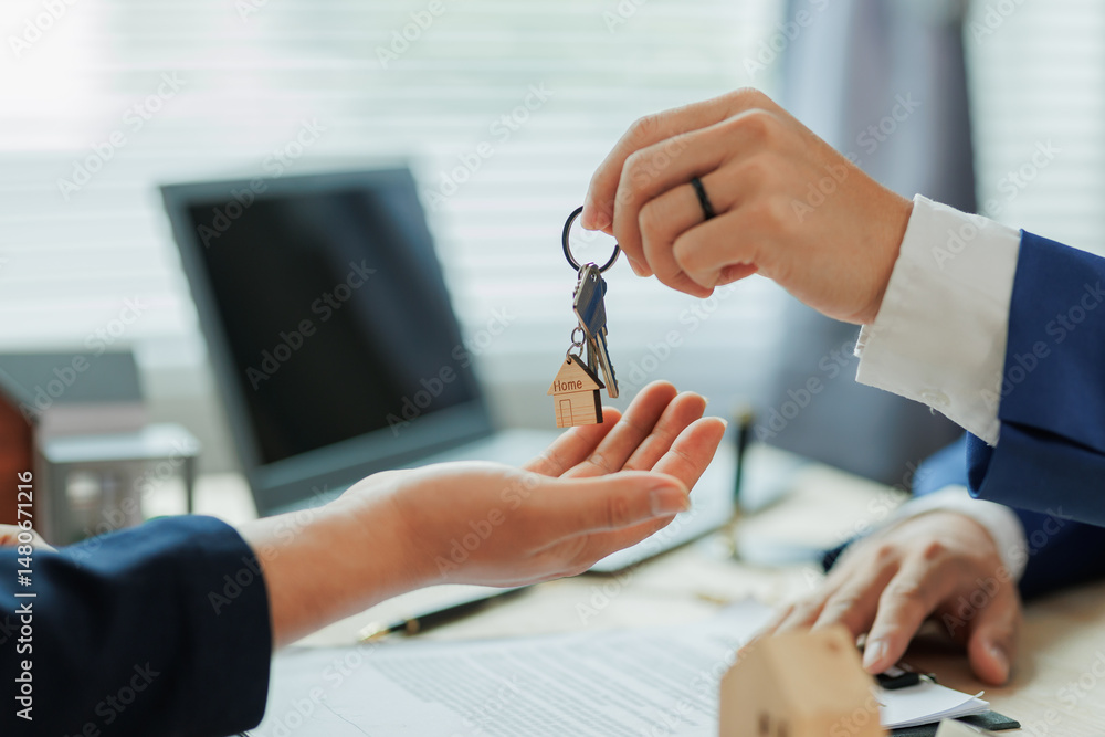 Client pays the agent, who hands over the house keys, marking the official closing and completion of the real estate transaction.