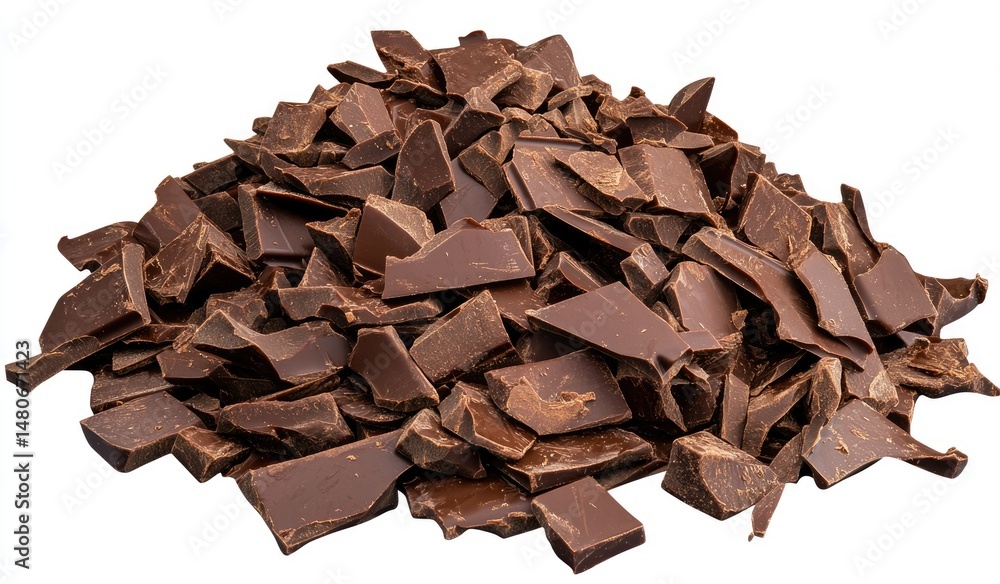 Pile of broken dark chocolate pieces. A generous heap of fragmented chocolate squares, displaying rich brown color and uneven textures Pile of broken dark chocolate pieces. A generous heap of fragmented chocolate squares, displaying rich brown color and uneven textures