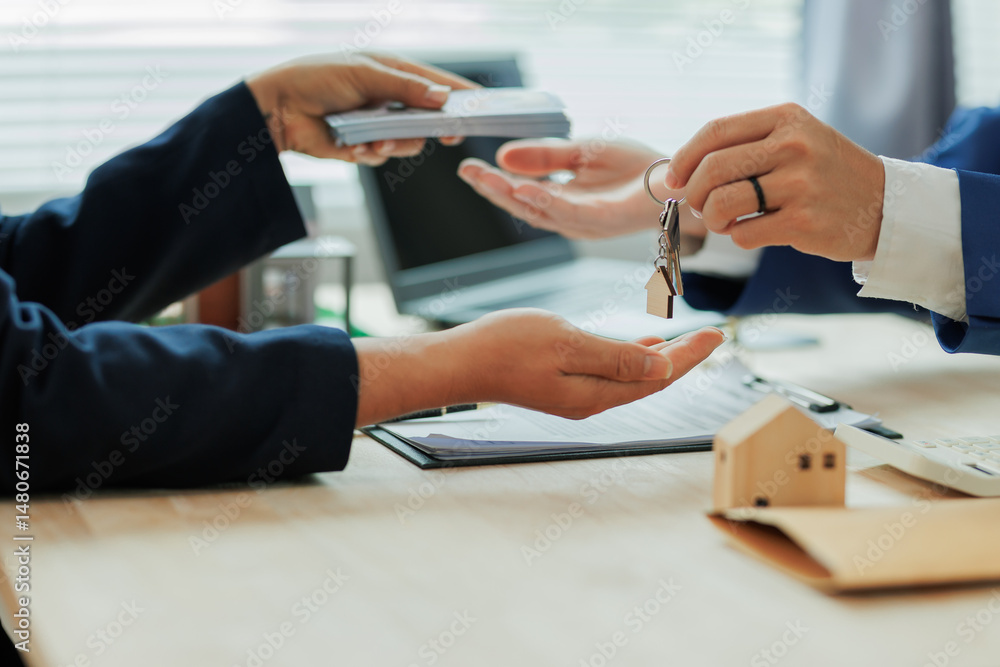 Client pays the agent, who hands over the house keys, marking the official closing and completion of the real estate transaction.