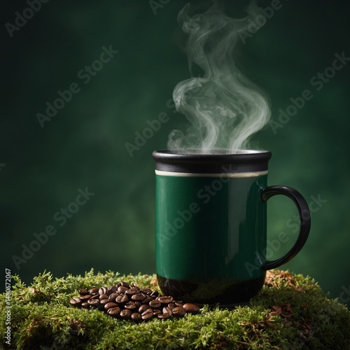 A camping-style mug of coffee with steam, isolated on forest green background.