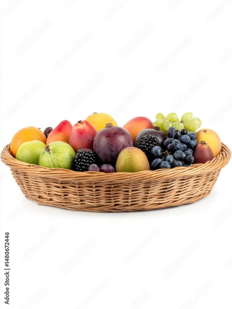 Basket of Fresh Fruits Still Life on White Background Eye Level Shot in Studio Setting Healthy Eating Concept Basket of Fresh Fruits Still Life on White Background Eye Level Shot in Studio Setting Healthy Eating Concept
