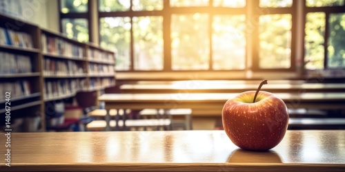 Red Apple on Wooden Desk in Bright Library Classroom book food life ripe books study light fruit
