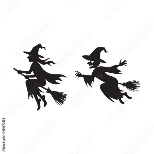 Two witches flying on broomsticks, Halloween silhouette design.Simple black silhouette graphic of two witches flying on broomsticks against a pure white background.