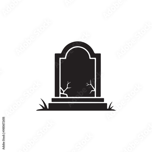 Simple black and white cemetery tombstone graphic.A stylized, black and white silhouette of a weathered tombstone with cracked stone and small sprigs of dead grass at the base.