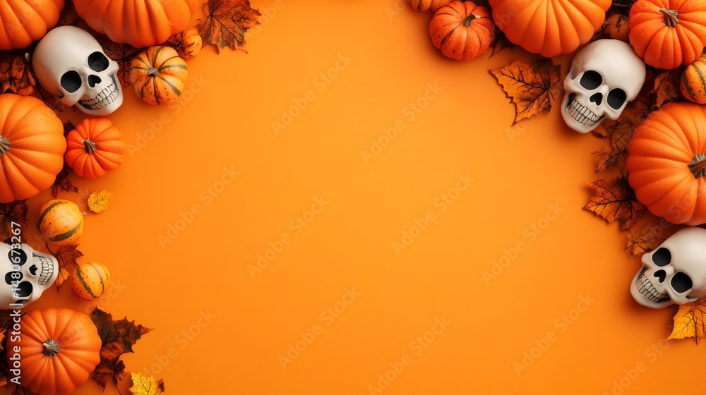 Fototapeta premium Halloween background with skulls and pumpkins framing orange backdrop