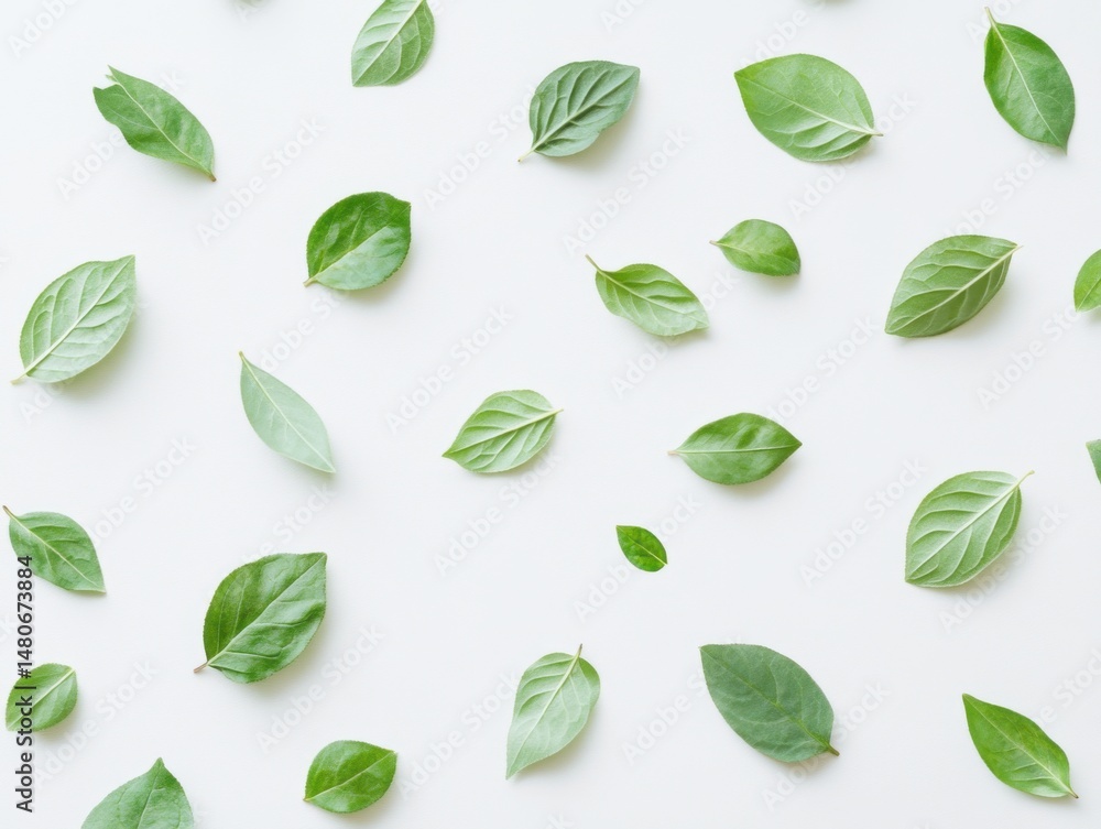 Naklejka premium Scattered fresh green leaves on white background flat lay top down view nature pattern organic foliage botanical