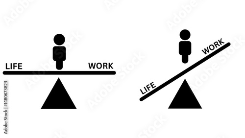 Vector illustration of two balance scales depicting work-life balance—one with equal weight on "work" and "life," and the other tipped toward "work," symbolizing imbalance and stress.


