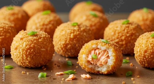 Golden Brown Crispy Arancini Rice Balls with Salmon Filling