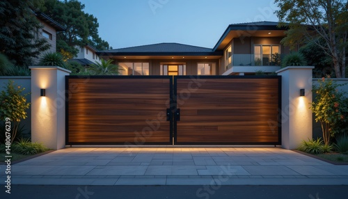 Modern Entrance Gate Illuminated at Night in a Residential Neighborhood With Contemporary Architecture