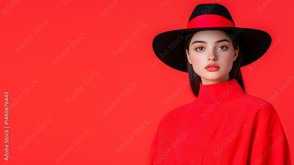 Portrait of a Young Woman in Red Dress and Black Hat Against a Red Background Portrait of a Young Woman in Red Dress and Black Hat Against a Red Background