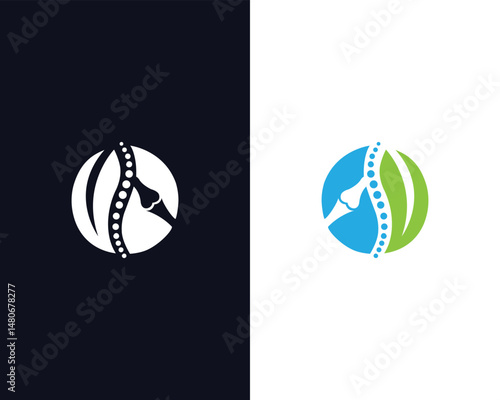 Chiropractic and osteopathy center logo vector template depicting spinal health featuring a vertebral column and bone structure for medical healthcare business