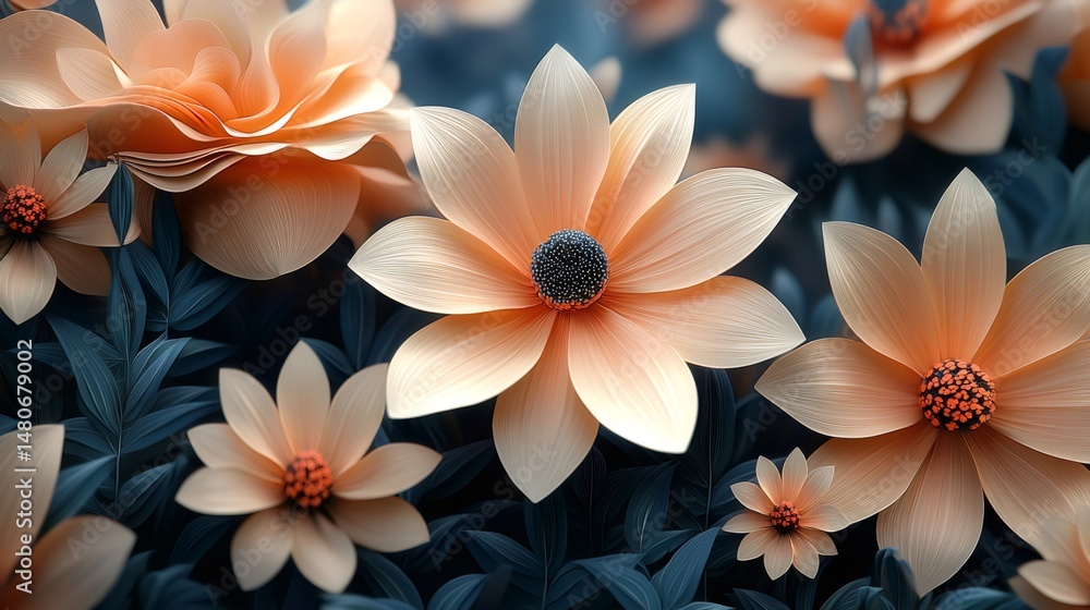 Fototapeta premium Peach colored flowers blooming in a lush garden