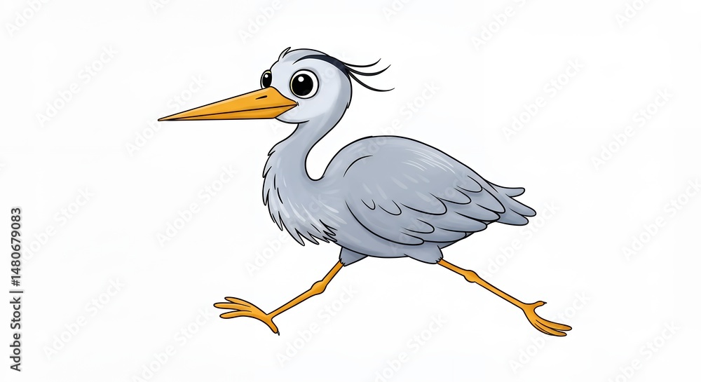 Fototapeta premium Cartoon grey heron walking illustration