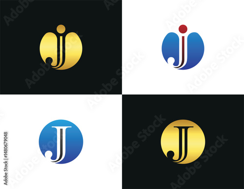 Set of j letter logo vector template circular designs with gold and blue color options for business branding