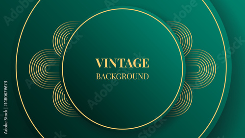 Teal green gradient abstract background with gold rounded lines and shadows. Modern geometric pattern. Shiny poster or web banner template. Blended lines